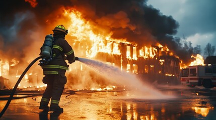 A firefighter in action battling a massive blaze consuming a building, demonstrating bravery and emergency response.