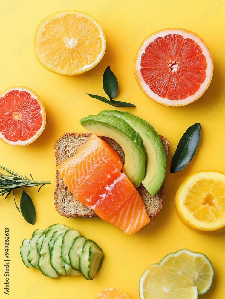 Poster Enjoy a nutritious breakfast featuring avocado toast topped with salmon, accompanied by refreshing citrus fruits on a vibrant yellow backdrop. Generative AI