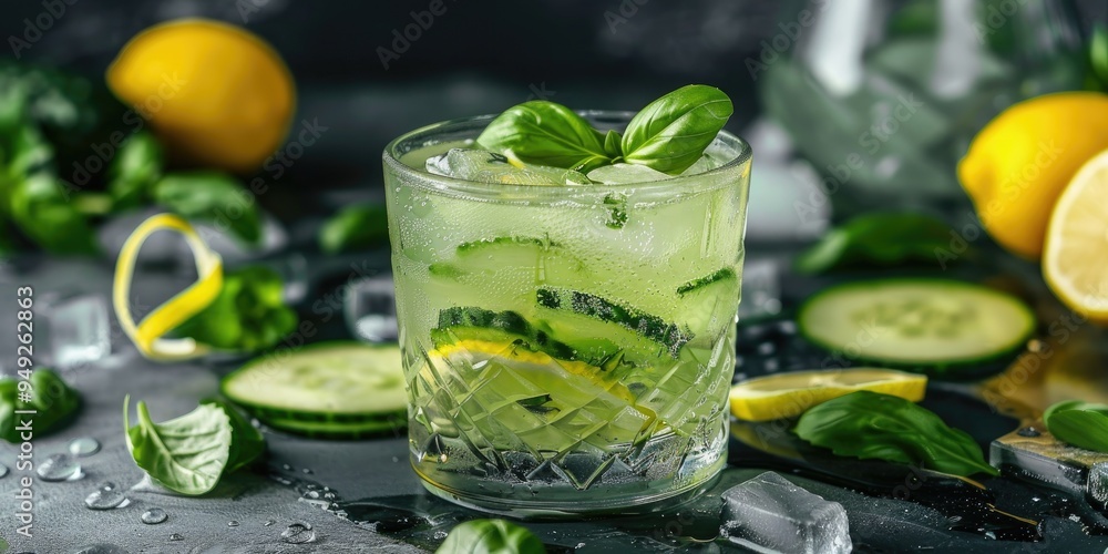 Poster fresh cucumber lemonade with basil and lemon served in a glass with ice