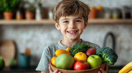 Fototapeta premium little cute smiling boy holding bowl with fruits and vegetables in kitchen, child, kid, kids, healthy eating, bananas, apples, broccoli, food, vegetarianism, portrait, person, face, dish