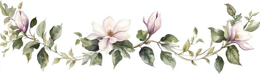 A delicate illustration of magnolia flowers intertwined with leafy vines, perfect for floral design and decoration.