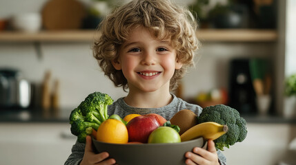 Fototapeta premium little cute smiling boy holding bowl with fruits and vegetables in kitchen, child, kid, kids, healthy eating, bananas, apples, broccoli, food, vegetarianism, portrait, person, face, dish
