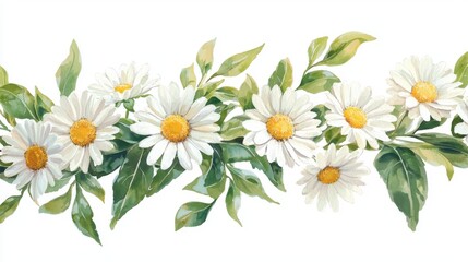 Fototapeta premium A vibrant floral design featuring a delicate row of daisies with lush green leaves, perfect for decoration or inspiration.
