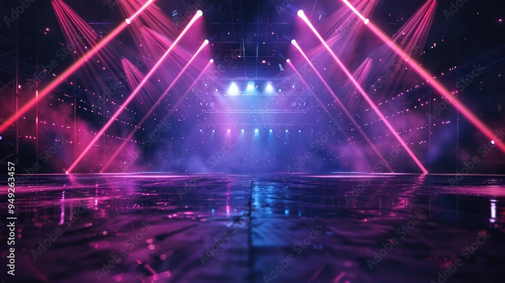 Poster an empty stage lit up with bright pink and purple lights, ready for a performance or show