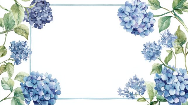 Beautiful watercolor hydrangea flowers frame featuring soft blue petals and greenery, perfect for invitations and greeting cards.