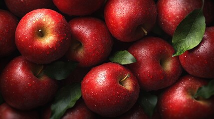 A pile of fresh, red apples with green leaves in natural light, perfect for healthy eating and fruit themes.