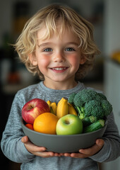 Fototapeta premium little cute smiling boy holding bowl with fruits and vegetables in kitchen, child, kid, kids, healthy eating, bananas, apples, broccoli, food, vegetarianism, portrait, person, face, dish