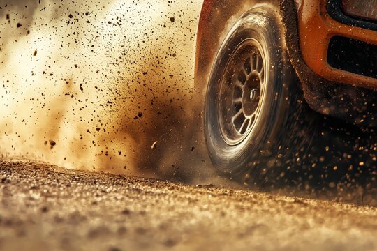 Close-up of a tire kicking up dust on a rugged terrain, showcasing motion and the thrill of off-road driving.