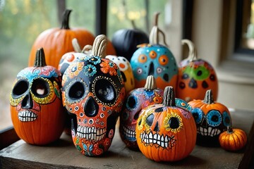 Fototapeta premium Halloween Pumpkins with Skull Designs