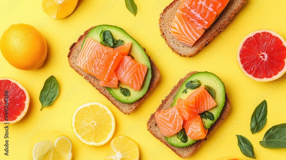 Poster enjoy a healthy breakfast spread showcasing avocado toast topped with salmon and fresh citrus fruits