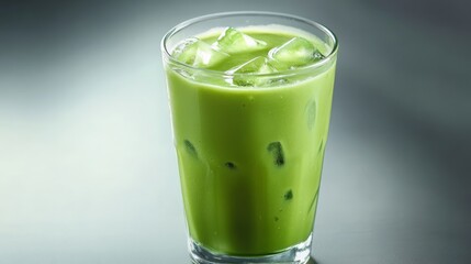 A refreshing glass of iced matcha latte with a vibrant green color, perfect for a healthy afternoon pick-me-up or a cooling beverage.