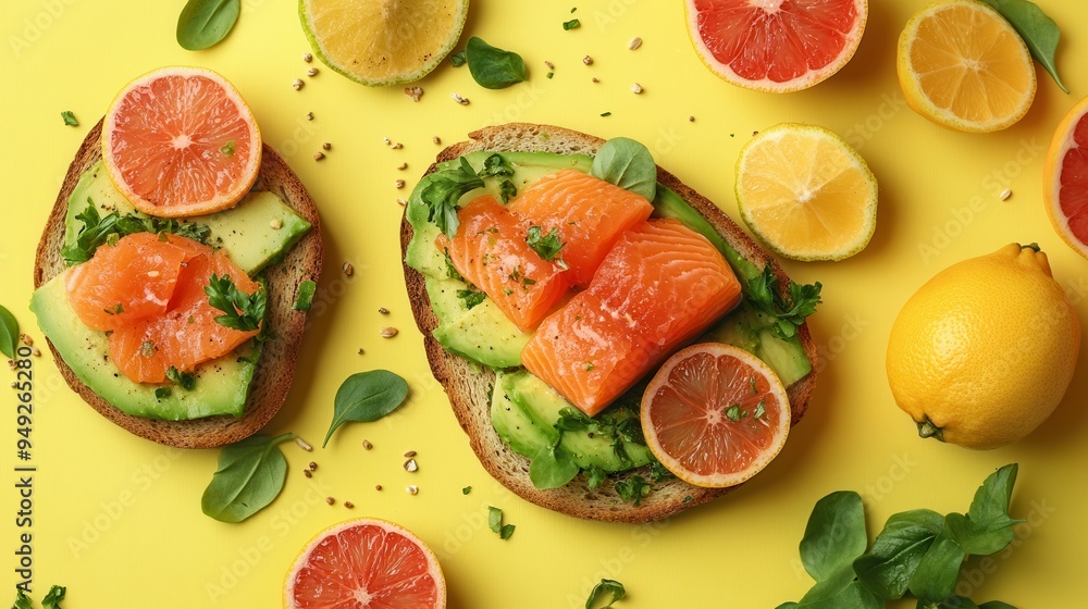 Poster a vibrant breakfast features avocado toast topped with salmon, complemented by fresh citrus fruits a