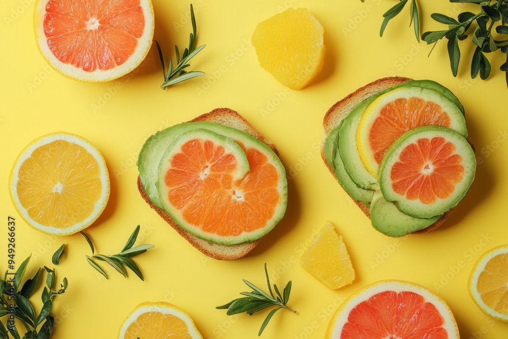 Poster a vibrant breakfast features avocado toast topped with salmon, complemented by fresh citrus fruits o