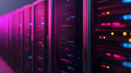 Naklejka premium Server Rack with Neon Lights - Data Center Technology