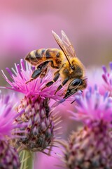 A close-up shot of a bee sitting on a colorful flower, ready to collect nectar
