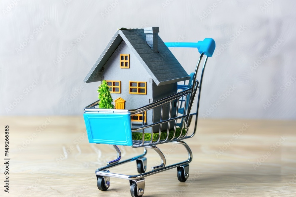 Aufkleber A small model of a house is placed inside a shopping cart on a table, ideal for use as a prop or decorative element