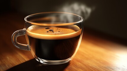 Fototapeta premium A steaming cup of black coffee in a clear glass mug on a wooden table, illuminated by warm light.