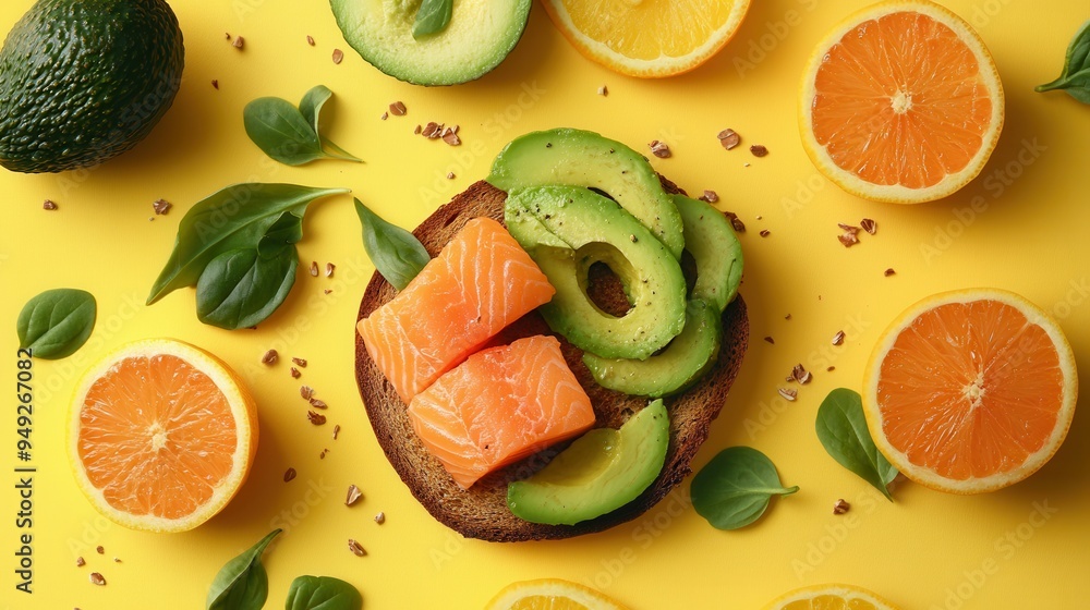 Poster a colorful breakfast spread showcases creamy avocado toast topped with salmon, surrounded by fresh c