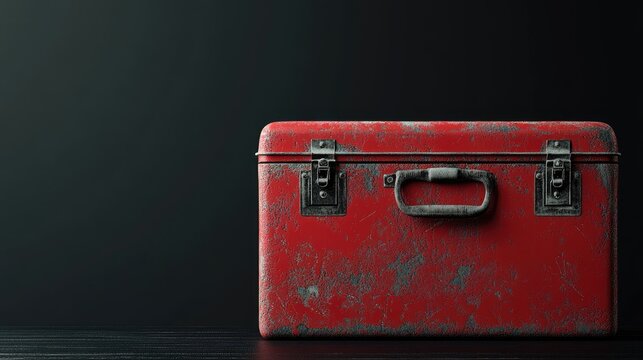 Toolbox with open lid, tools peeking out, red paint chipped, dim light