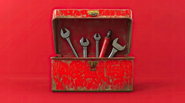 Toolbox with open lid, tools peeking out, red paint chipped, dim light