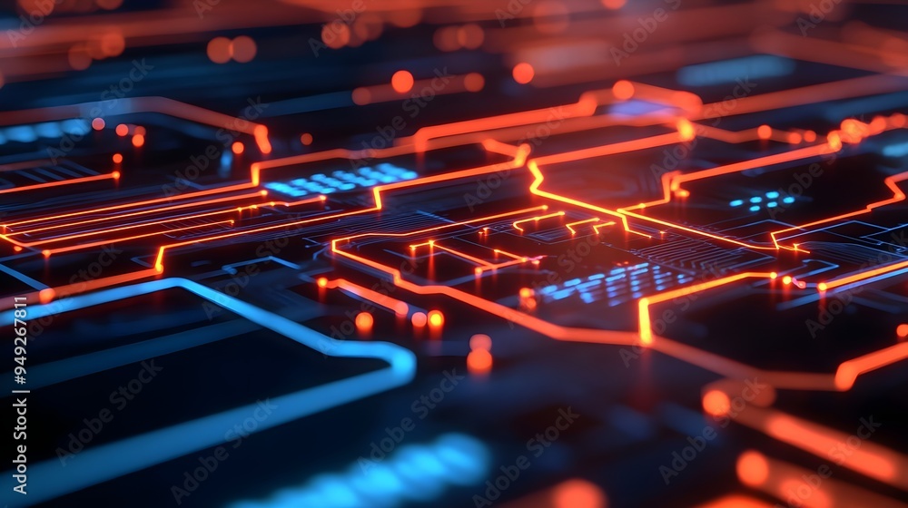Poster abstract circuit board with glowing red lines