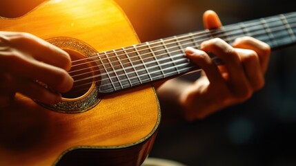 Obraz premium Traditional mariachi guitar, being strummed, close-up of fingers on strings, warm evening light