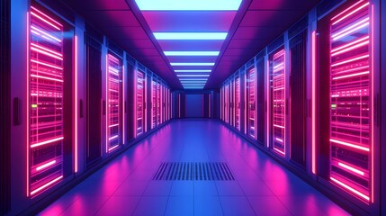 Fototapeta premium Empty corridor with server room, long perspective and light