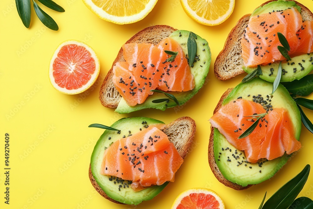 Aufkleber Enjoy a nutritious breakfast featuring avocado toast topped with salmon slices, garnished with fresh citrus on a sunny yellow backdrop. Generative AI