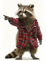 A raccoon dressed in a plaid shirt and red jacket pointing. AI.