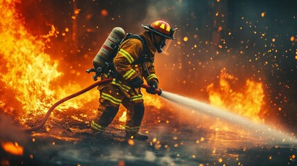Fototapeta premium Brave firefighter battles intense flames with water hose in raging inferno, showcasing courage and skill in fire control.