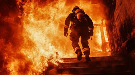 Fototapeta premium Brave firefighter climbing stairs in midst of raging fire, showcasing heroism and danger in the line of duty.