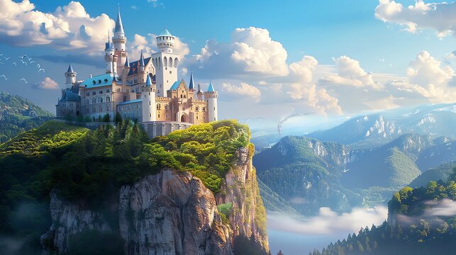 A fairytale castle sits atop a cliff with a lush forest surrounding it.