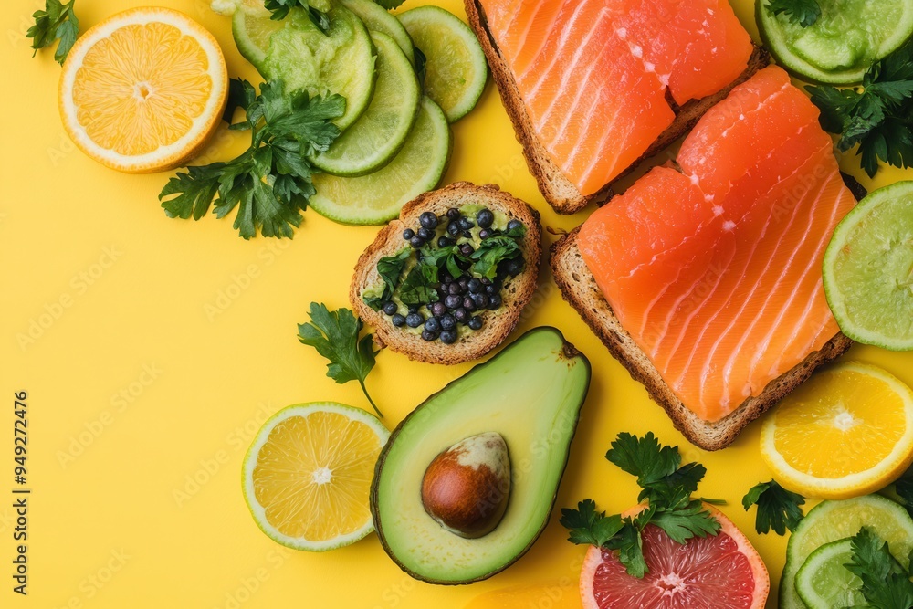 Poster start your day with a nutritious breakfast featuring avocado toast, smoked salmon, and vibrant fresh