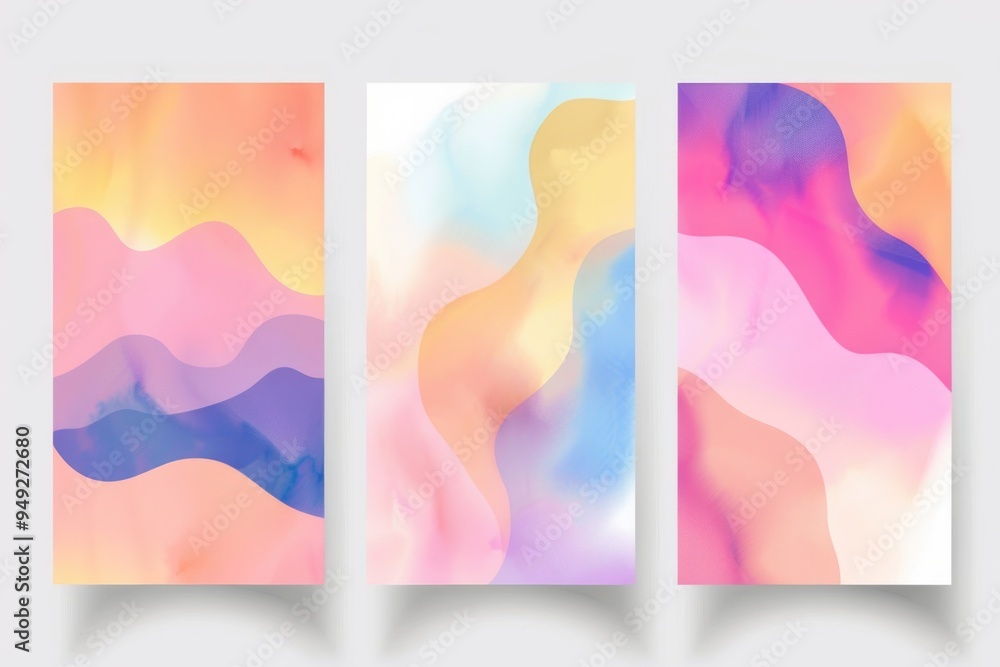 Poster set of three vertical banners featuring abstract shapes and designs