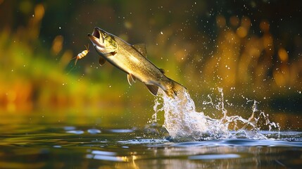 Obraz premium A fish jumps out of the water with a fly in its mouth.