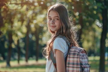 Fototapeta premium A young girl walking in a park carrying a backpack, possibly on her way to or from school