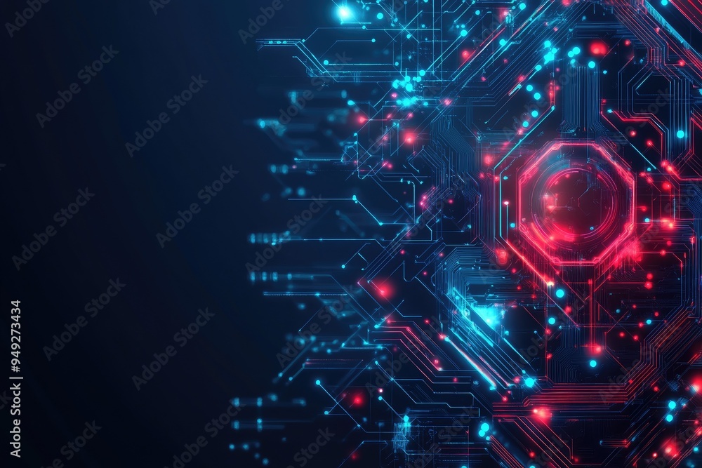 Poster abstract futuristic circuit board with glowing elements in red and blue, perfect for technology and 