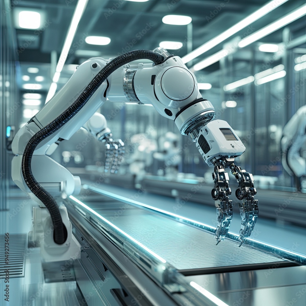 Poster advanced robotic arm working in a modern automated factory environment for efficient production proc