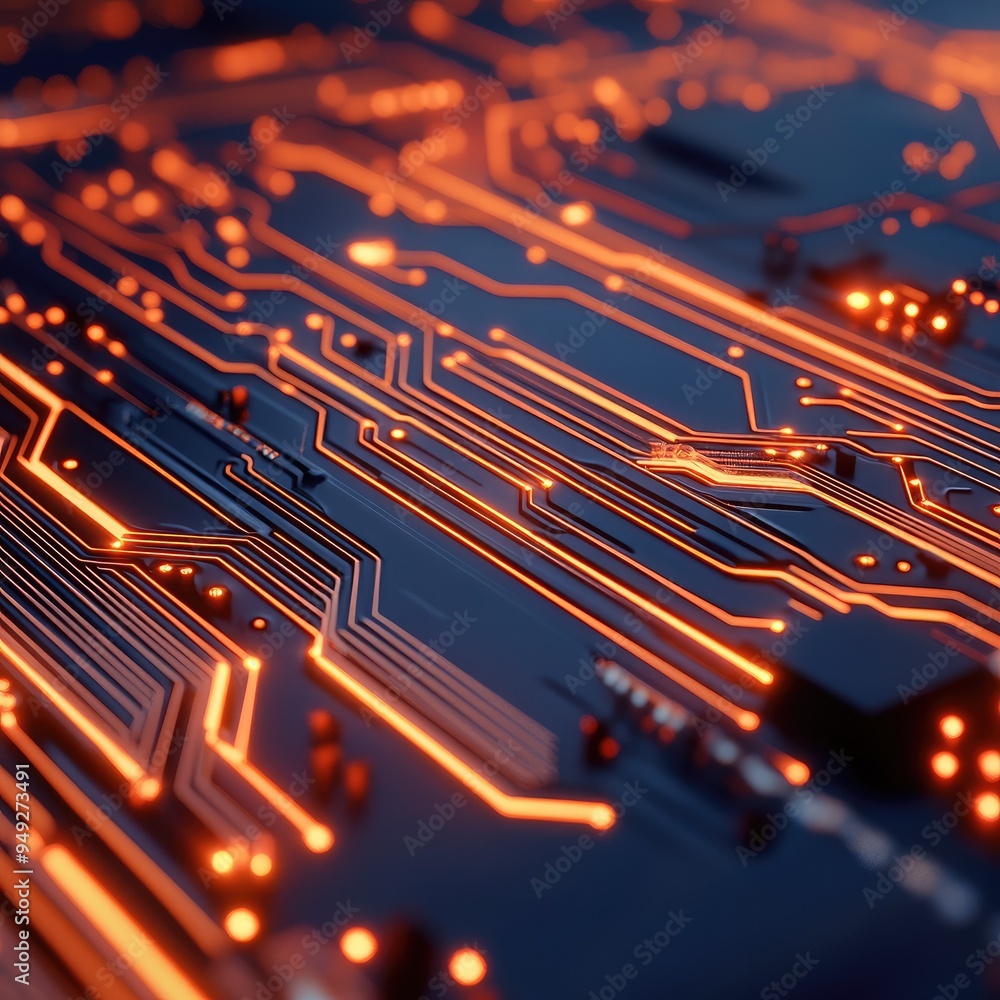 Poster close-up of a futuristic circuit board with glowing orange lines and intricate details, showcasing t