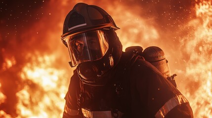 Fototapeta premium Brave firefighter in protective gear battling a huge fire with intense flames in the background, showcasing courage and dedication.