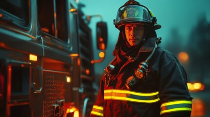 Brave firefighter in protective gear standing near fire truck at scene, illuminated by emergency lights, ready for action.