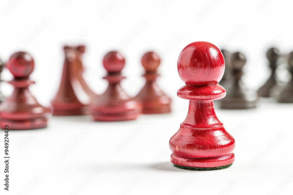 Poster a group of chess pieces with red and black squares