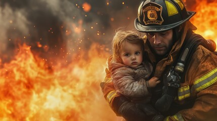 Brave firefighter rescuing a child during a blazing fire, showcasing courage and heroism in emergency situations.
