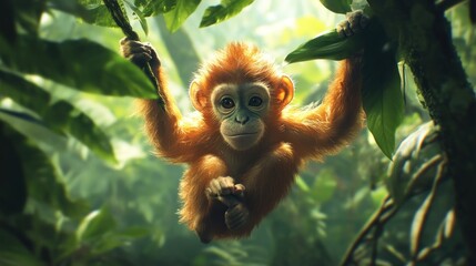 Obraz premium A Baby Monkey Hanging From a Branch
