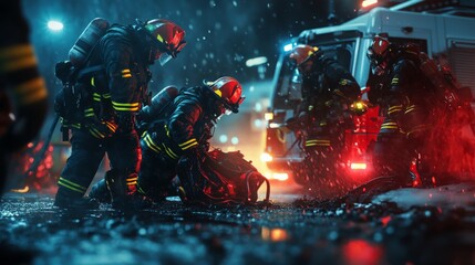 Brave firefighters in action at night, battling a blaze and ensuring safety amidst rain and chaos. Heroic emergency response captured vividly.