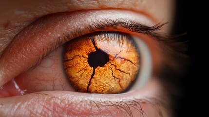 Naklejka premium An extreme close-up of an eye with unique orange and black patterns, showcasing intricate details and striking color contrast.