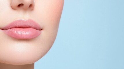 Fototapeta premium Close-up of soft, natural lips against a light background, showcasing beauty and smooth texture for cosmetic or beauty concepts.
