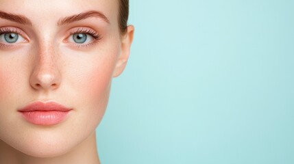 Fototapeta premium Close-up portrait of a beautiful woman with striking blue eyes and natural makeup against a soft pastel background.