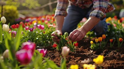 Fototapeta premium Man Tending to Colorful Tulips