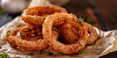 Spicy onion rings fried to perfection on parchment